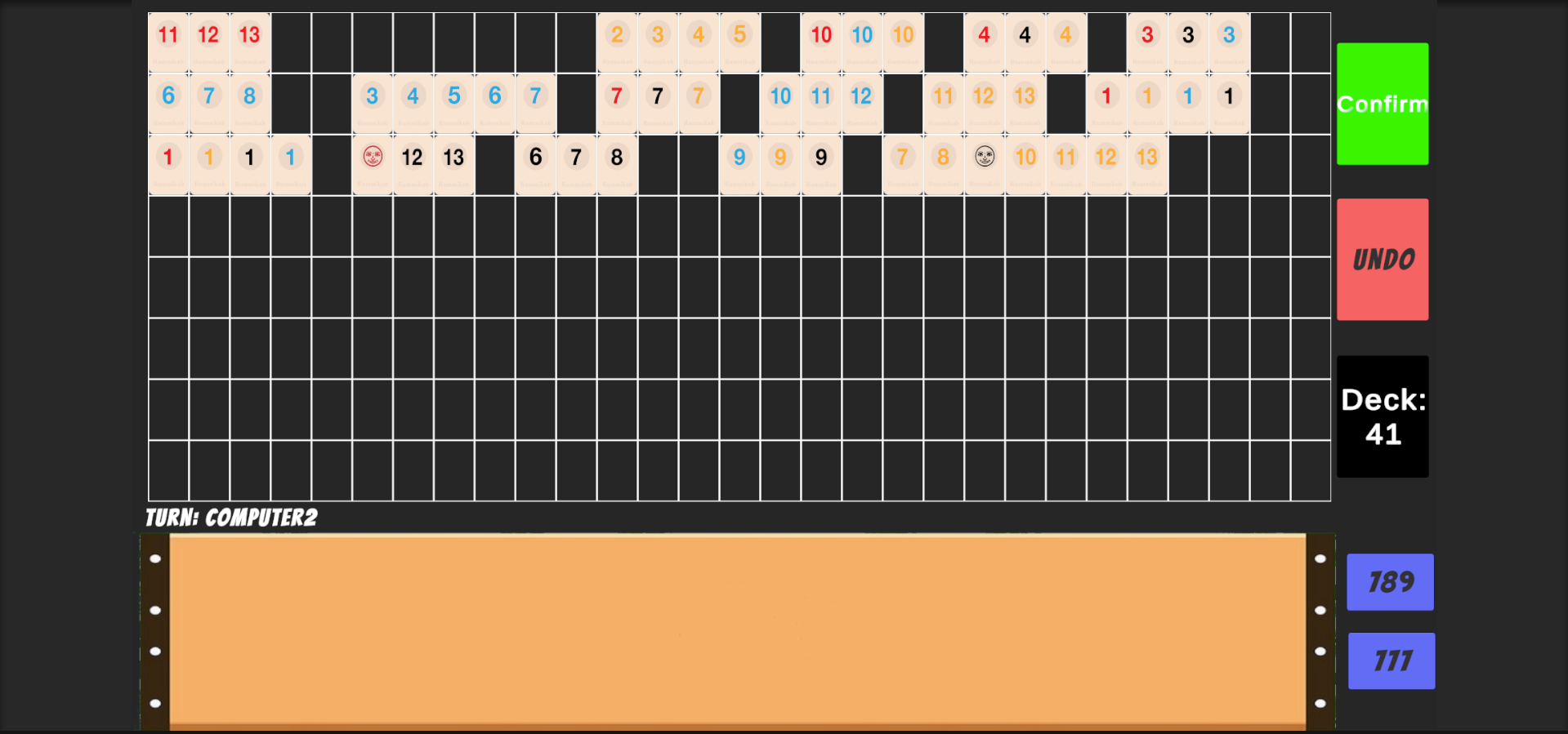 Rummikub gameplay screenshot — tiles arranged in runs and groups on the board with the player rack below